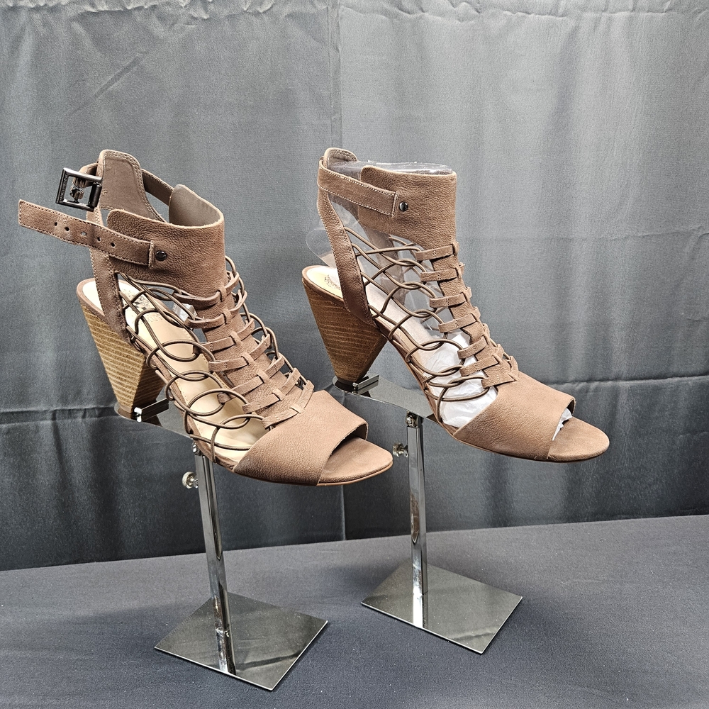 Vince Camuto Evel Sandal Women's Size 11 Cone Heel Tan Leather Caged Strappy